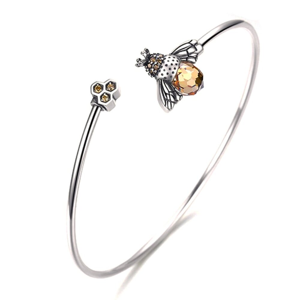 925 Sterling Silver Bumble Bee Honey Open Bangle Bracelet